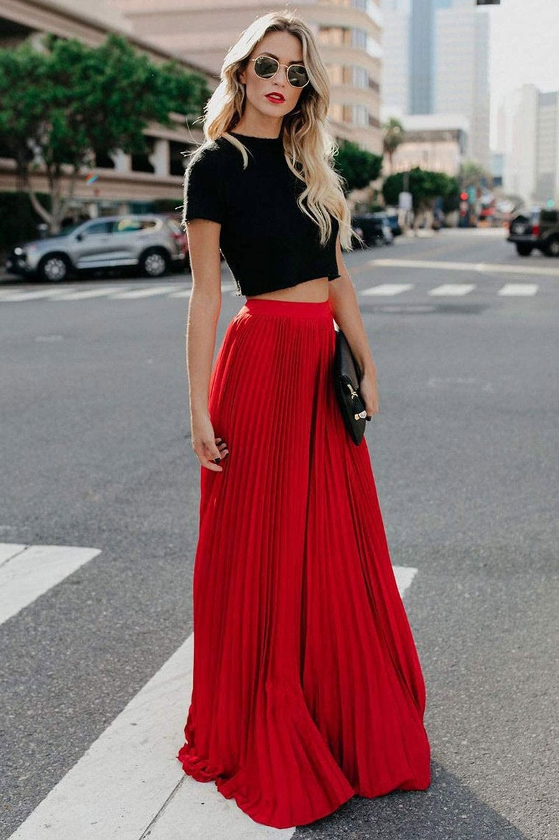 ebossy Women's High Waist Flowy Pleated Chiffon Maxi Skirt (X-Large, Red) - Image 3